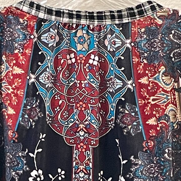 (NEW) TOLANI Flannel & Velvet BOHO Button Down Blouse, Black/White/Multi - 3 X - Picture 9 of 16
